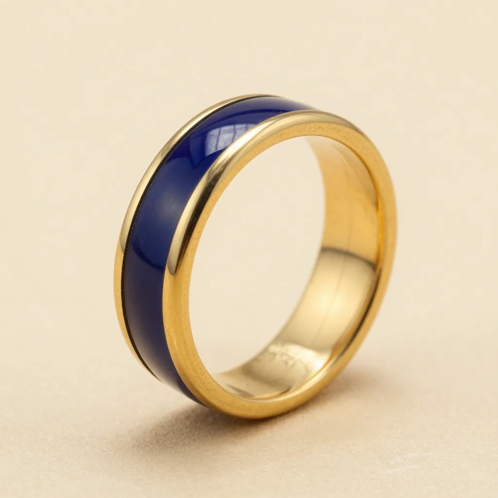 A blue and gold prajioud band on a light background