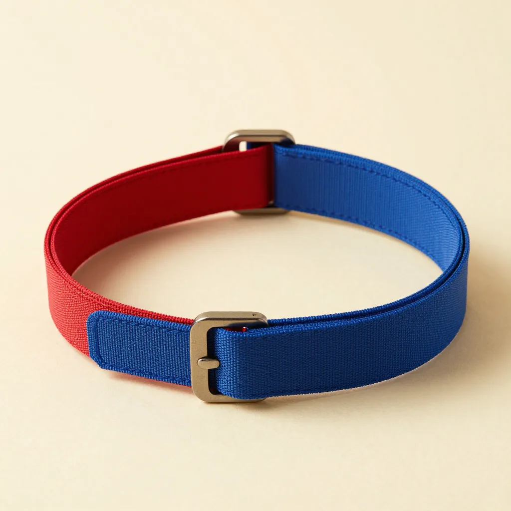 A red and a blue prajioud band together on a light background