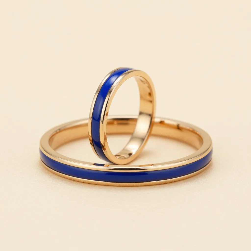 Two blue and gold prajioud bands together on a light background